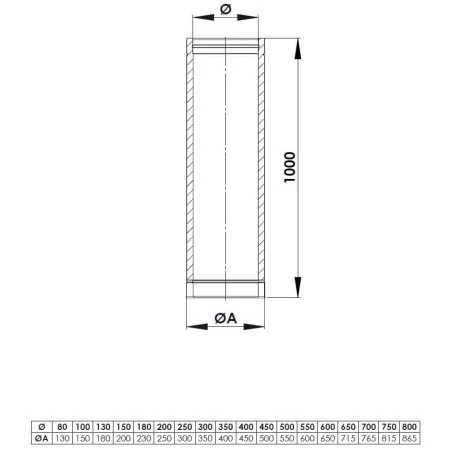 plan élément droit de 1000 mm - conduit de fumée double paroi isolé