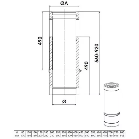 plan élément droit réglable 560 mm - conduit de fumée double paroi isolé