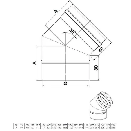 plan coude 45 - conduit de fumée simple paroi