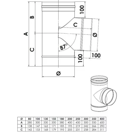 plan té 87 - conduit de fumée simple paroi