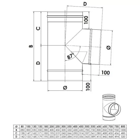 plan té 87 deflecteur - conduit de fumée simple paroi