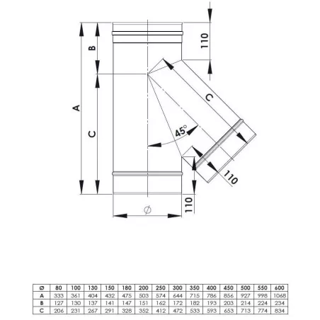 plan té 135 - conduit de fumée simple paroi