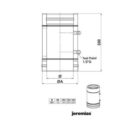 plan élément droit 330 mm - conduit de fumée concentrique pour foyer et poêle gaz