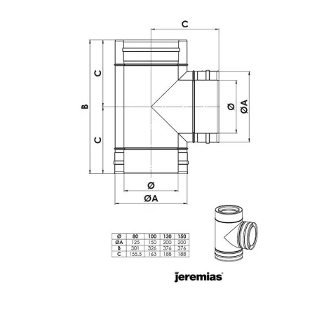 plan té 90 piquage concentrique - conduit de fumée concentrique pour foyer et poêle gaz