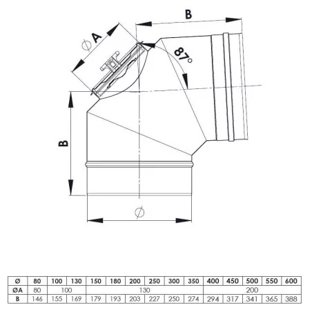 plan coude 87 trappe d'inspection - conduit de fumée simple paroi